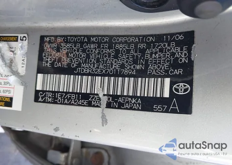 2007 Toyota Corolla Le from USA, damaged, VIN JTDBR32EX70117894